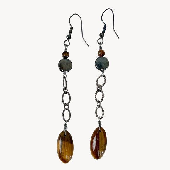 Handcrafted Long Chain Dangle Earrings Tigers Eye Silver Accents BOHO Style EUC - Picture 1 of 3